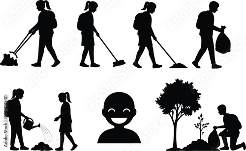 Community service silhouettes, environmental cleanup vector, people planting trees, picking trash, sweeping, teamwork icons, black illustrations for eco care, sustainability, action