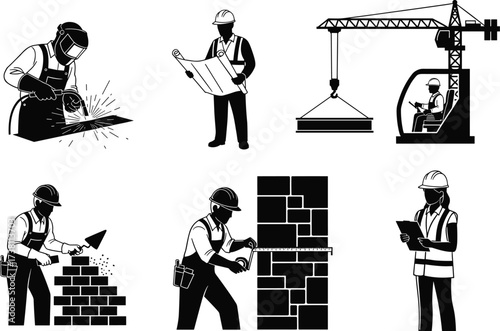 Construction workers, welding, blueprint planning, crane lifting, bricklaying, stone cutting, site inspection, safety gear, industrial labor, black and white vector illustration