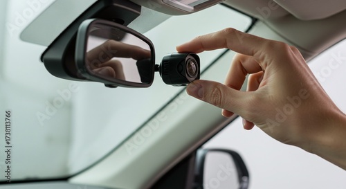 A hand installs a car dashcam near the rearview mirror, highlighting modern automotive technology.Concept of in-car safety and smart technology.