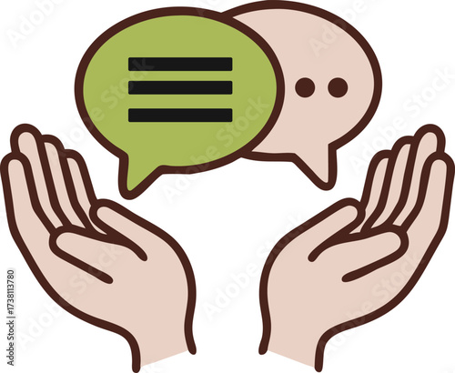 Conceptual illustration of two open hands gently cupping and sharing a speech bubble symbolizing communication dialogue and connection