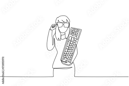 Single one line drawing woman dressed as a nerd, holding computer keyboard. Interested in the sound of the keyboard keys. Cannot be damaged. Geek Pride Day. Continuous line design graphic illustration