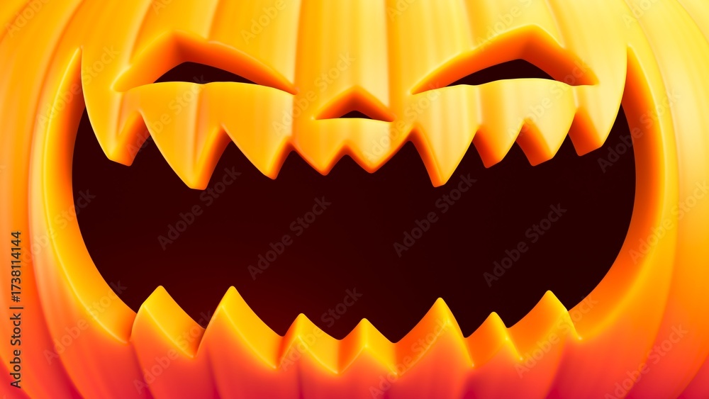 Fototapeta premium Halloween pumpkin face with large smiling mouth in cartoon style and festive spooky mood. Stylized Halloween funny jack-o'-lantern with humorous facial expression radiating warmth and joy. 3d render