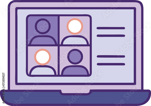 Modern digital illustration of a laptop screen displaying a video conference with multiple diverse participants engaged in a virtual meeting conveying connection and collaboration