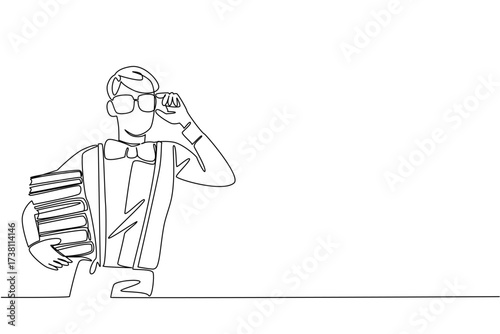 Single one line drawing man wear a long sleeved shirt with suspender carrying stack of books hold glasses. Funny behavior. Ridiculous. Geek Pride Day. Continuous line design graphic illustration