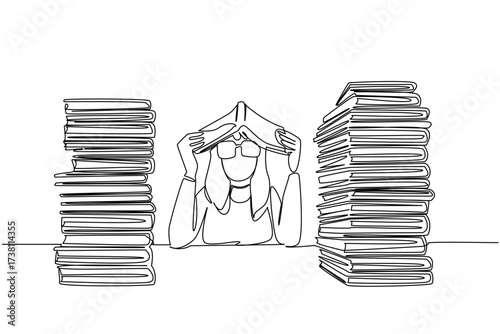 Continuous one line drawing a woman dressed as a nerd, placed an open book on her head. Read a lot, gain a lot of benefits. Funny. Educate. Geek Pride Day. Single line draw design vector illustration