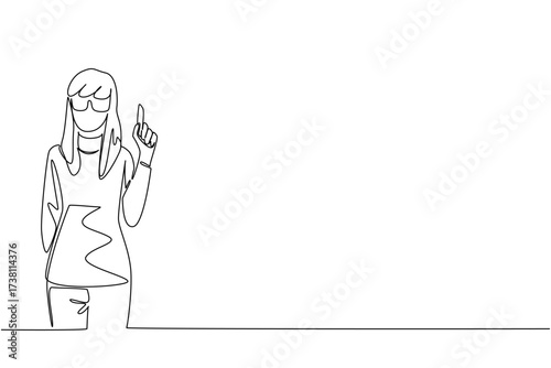 Single continuous line drawing the woman dressed as a nerd, raised one of her index fingers. Get creative ideas from the silliest. Innovation. Geek Pride Day. One line design vector illustration
