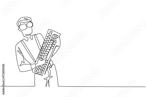 Single one line drawing a man wearing a long sleeved shirt with suspender holding a computer keyboard like playing guitar. Video game guitar Geek Pride Day. Continuous line design graphic illustration