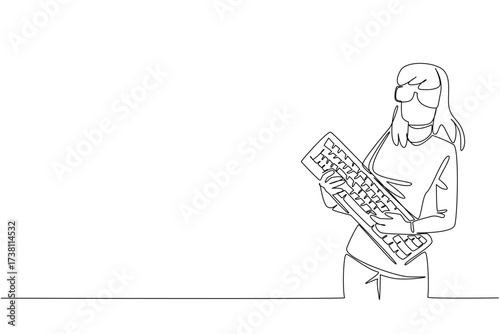 Continuous one line drawing woman dressed as a nerd, holding a computer keyboard like playing a guitar. Very busy. Obsessed with guitar. Geek Pride Day. Single line draw design vector illustration