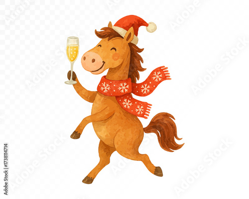 Watercolor Christmas horse in Santa hat and red snowflake scarf holding champagne glass, cute festive New Year celebration animal illustration with holiday spirit. Vector illustration.