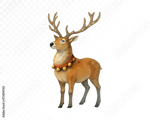 Watercolor Christmas reindeer with large antlers and festive bell collar, elegant handmade winter holiday animal illustration, traditional seasonal decoration. Vector illustration.