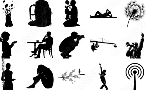 Diverse silhouettes of people and objects representing activities hobbies and everyday life in artistic graphic design