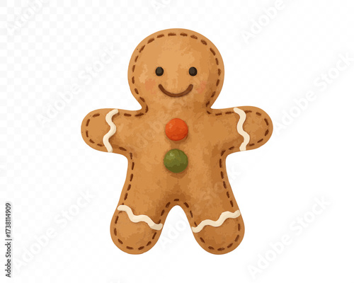 Felt style watercolor gingerbread man cookie with stitched details, icing decorations and red and green buttons, cute handmade festive Christmas sweet dessert. Vector illustration.
