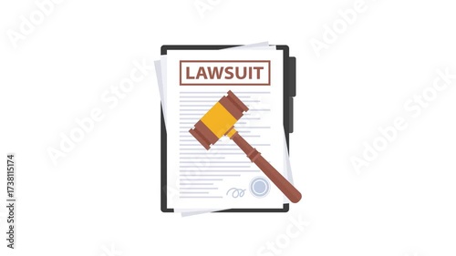 Lawsuit document and judge gavel appearing on clipboard animation
