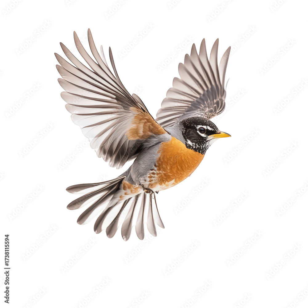 Fototapeta premium A robin in graceful flight, isolated on transparent background, displays its striking orange breast and intricately patterned wings, capturing the essence of avian freedom