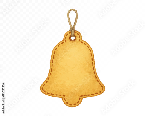 Watercolor felt Christmas bell ornament with stitched edges and hanging loop, cozy handmade holiday decoration, rustic vintage winter element for festive craft design. Vector illustration.
