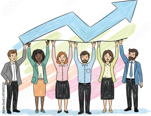 Teamwork illustration: diverse group holding up a rising arrow.
