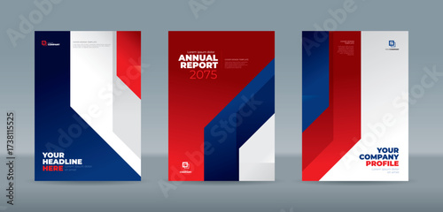 Modern corporate design template featuring dynamic layered abstract geometric shapes in blue, red, and white. A4 size book cover template for annual report, magazine, booklet, proposal, portfolio