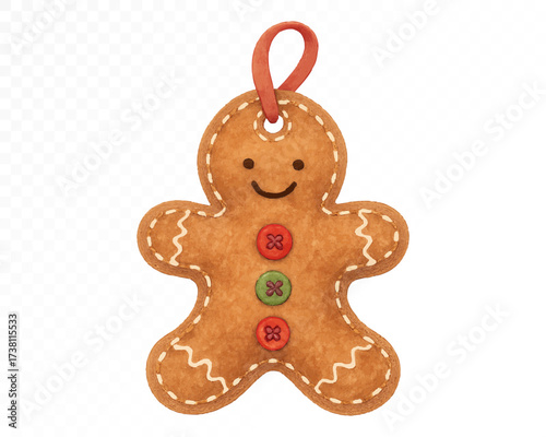 Watercolor felt gingerbread man ornament with stitched details, colorful buttons, white embroidery and red ribbon, cute handmade Christmas decoration for winter holiday design. Vector illustration.