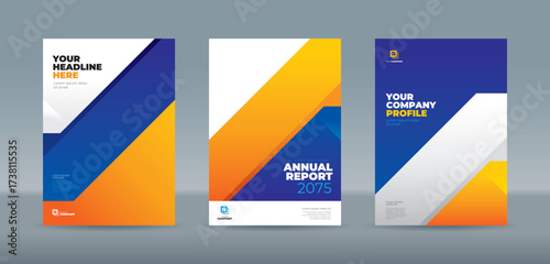 Bold corporate design template featuring dynamic, abstract diagonal shapes in vibrant blue, orange, and yellow. A4 size book cover template for annual report, magazine, booklet, proposal, portfolio