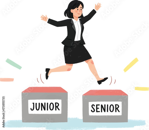 Woman jumping from Junior to Senior career level, illustrated.