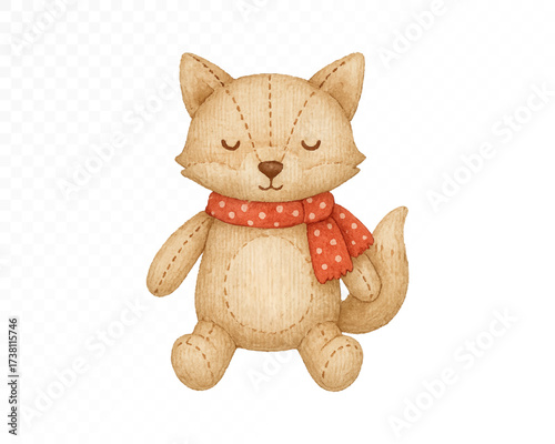 Watercolor felt style fox plush toy with stitched details, closed eyes and red polka dot scarf, cozy handmade woodland animal ornament for festive winter decoration. Vector illustration.