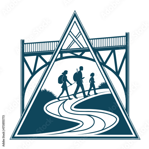 Illustration of family walking on bridge with triangle frame isolated on white background