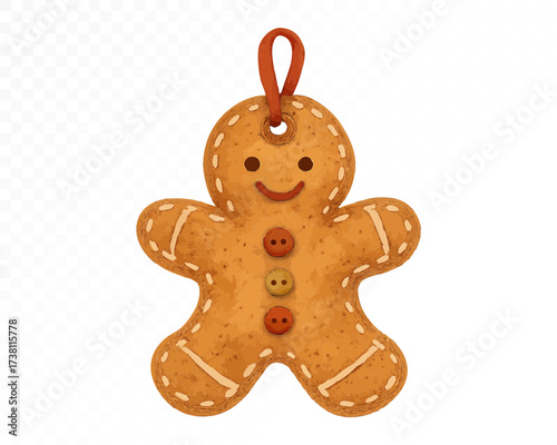 Watercolor felt style gingerbread man ornament with stitched details, buttons and smiling face, handmade festive Christmas cookie decoration for cozy holiday design. Vector illustration.