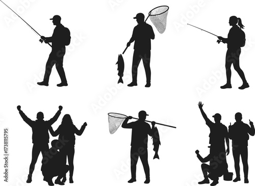 Fishing silhouette vector, outdoor activity, catching fish, celebration pose, fishing net, rod, backpack, black figures, water sport, teamwork, summer adventure