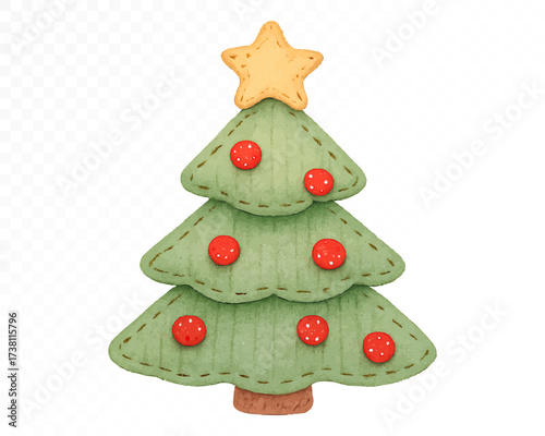 Watercolor felt style Christmas tree with golden star and red button ornaments, handmade stitched festive holiday decoration, cozy rustic winter design. Vector illustration.