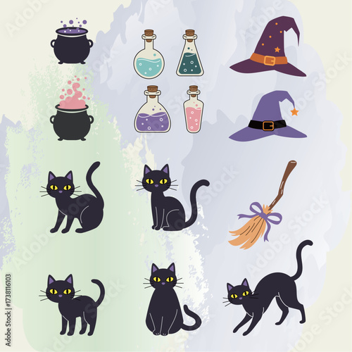 Vintage Halloween background pattern featuring black cats, pumpkins, and potion bottles