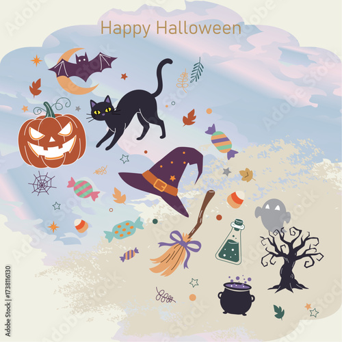 Vintage Halloween background pattern featuring black cats, pumpkins, and potion bottles