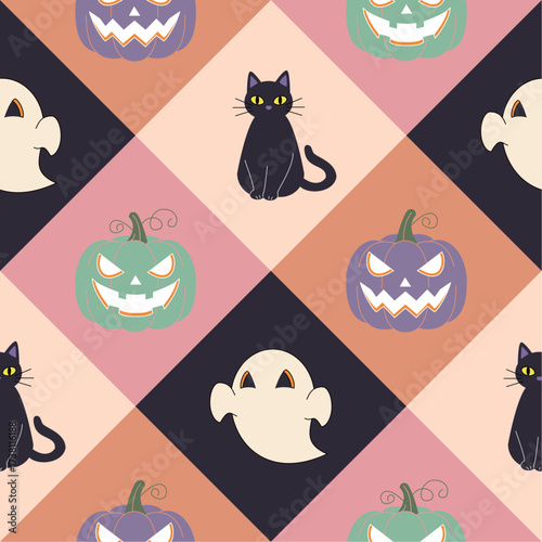 Vintage Halloween background pattern featuring black cats, pumpkins, and potion bottles
