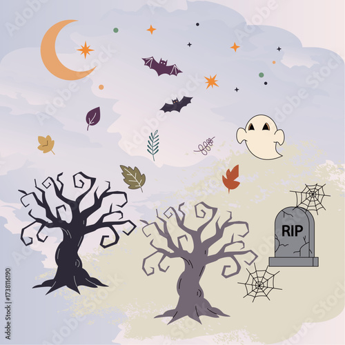 Vintage Halloween background pattern featuring black cats, pumpkins, and potion bottles