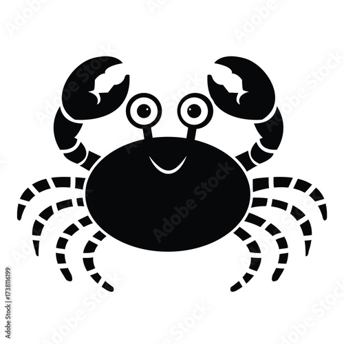 A friendly and happy cartoon crab illustration, shown in a bold black and white graphic style with prominent claws.