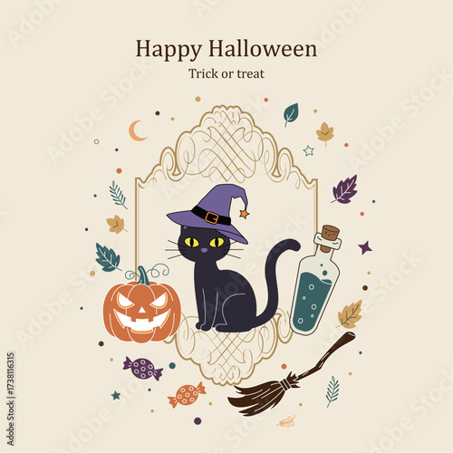 Vintage Halloween background pattern featuring black cats, pumpkins, and potion bottles