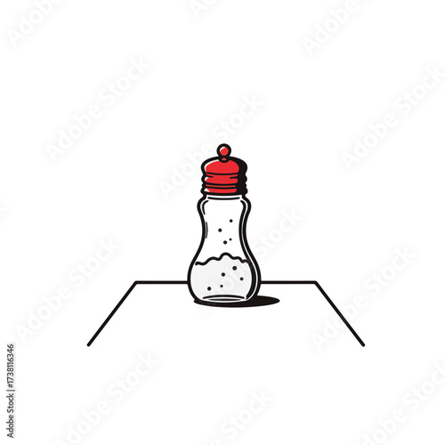 Minimalist salt shaker on table with red accent, modern simplicity