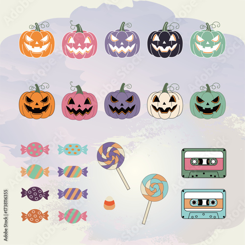 Vintage Halloween background pattern featuring black cats, pumpkins, and potion bottles