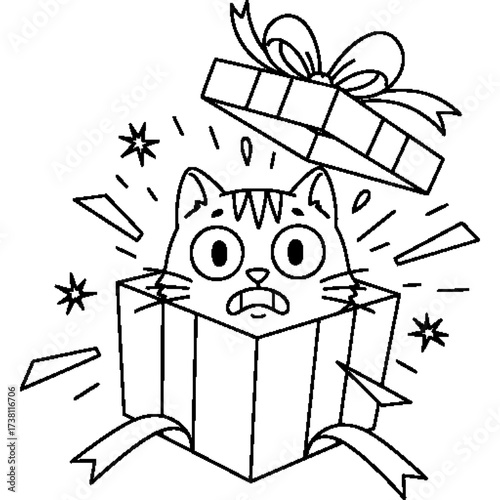 Vector illustration of a surprised cat coming out of a gift box. This black and white line art conveys a sense of surprise and excitement. An ideal clipart for greeting cards or stickers.