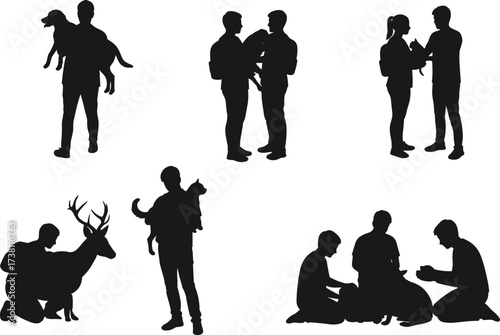 Human and animal interaction silhouettes, people with pets, conversation poses, black vector icons for empathy, care, bonding, communication, companionship, connection