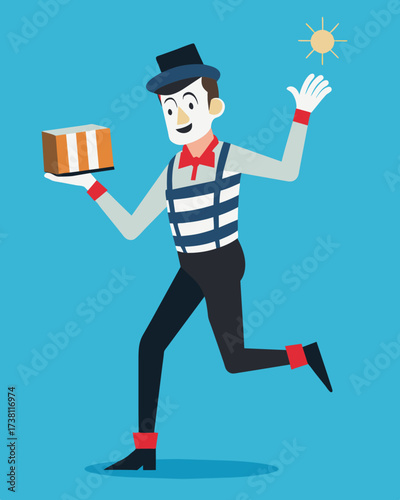 A mimes invisible box is powered by the solar panels on top allowing him to perform his comical trickery.. Vector illustration