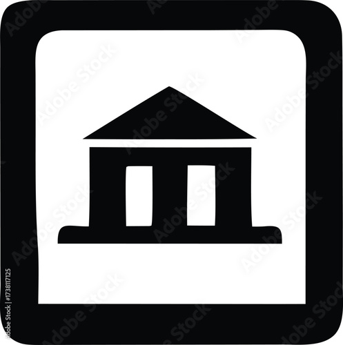 Simple icon of a building symbolizing a bank or government institution in a square frame
