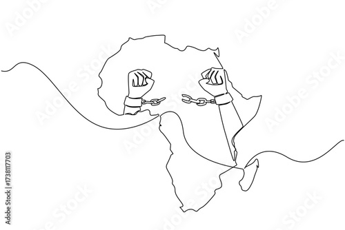 Single one line drawing African continent with two clenched fists and handcuffs broken in middle of continent. Freedom from slavery. African Liberation Day. Continuous line design graphic illustration