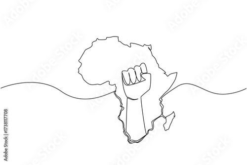 Continuous one line drawing the African continent with a clenched fist in the middle of the continent. Fighting for unity. Freedom. African Liberation Day. Single line draw design vector illustration