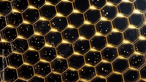Golden honeycomb structure background with glowing light and abstract particles