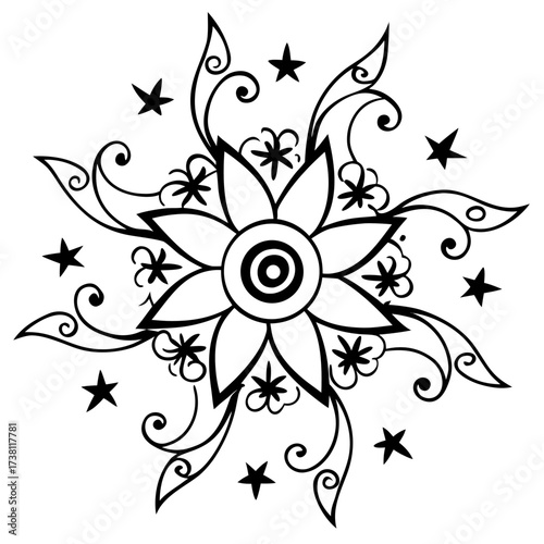 Minimalist Celestial Floral Whirl Line Art Vector Illustration on White Background