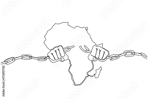 Continuous one line drawing African continent with 2 hands breaks chains in the middle of the continent. The struggle for justice. African Liberation Day. Single line draw design vector illustration
