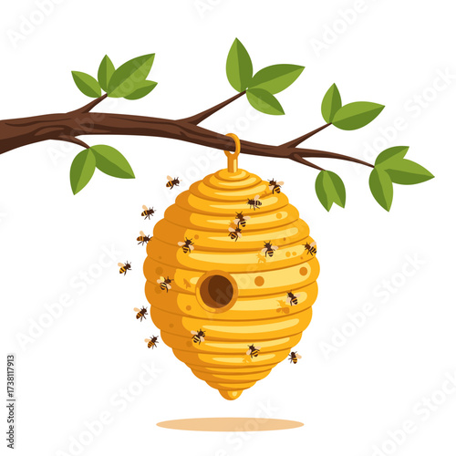 A beautiful beehive hanging from a tree branch with busy bees flying around it.