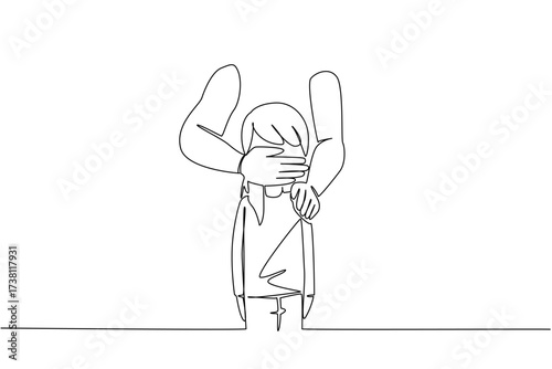 Single continuous line drawing mouth of girl is covered by an adult from behind. Child abductions are on the rise. Pedophiles. National Missing of Children Day. One line design vector illustration