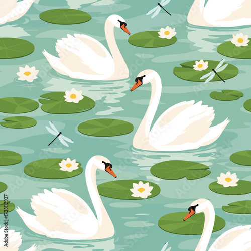 A serene pattern of elegant white swans gracefully swimming among lily pads and delicate dragonflies on a tranquil blue water surface.