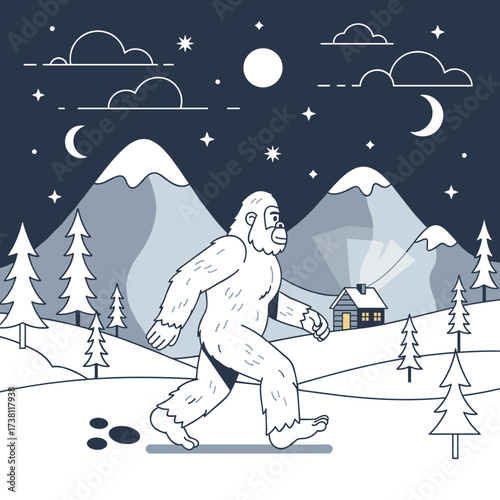 A hairy Bigfoot creature walks through a snowy landscape at night with mountains and a cabin in the background.